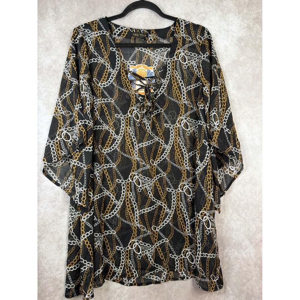 NWT MISS TINA Women Black Gold White Chain Print Sheer Lace Up Kimono Cover Up M